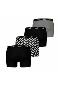 Four pairs of boxer shorts featuring black, gray, and a patterned design. Waistbands are black with white logo accents. Soft fabric.