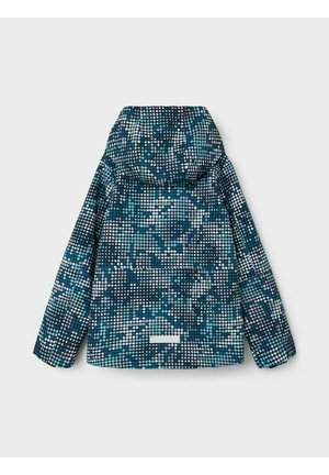 Waterproof jacket featuring a blue, green, and white dot pattern. Includes a hood and a reflective accent along the bottom.