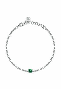 Bracciale in argento con un centro di gemma verde. La catena presenta anelli ovali e un gancio a molla per una chiusura sicura.