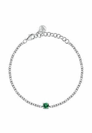 Bracciale in argento con un centro di gemma verde. La catena presenta anelli ovali e un gancio a molla per una chiusura sicura.