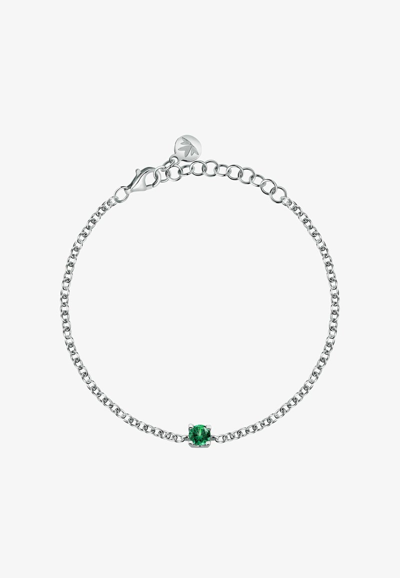 Bracciale in argento con un centro di gemma verde. La catena presenta anelli ovali e un gancio a molla per una chiusura sicura.
