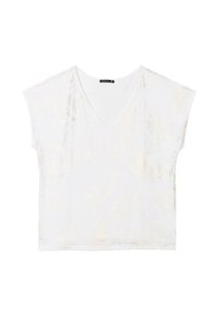 Witte V-hals top met korte mouwen, voorzien van een subtiel gouden bladerenpatroon. Gemaakt van zachte stof, met een ontspannen pasvorm en een gladde textuur.