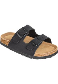 Svart slide-sandal med två justerbara remmar, korkfotbädd, strukturerad gummisula och ett slätt mockaliknande ovandela.