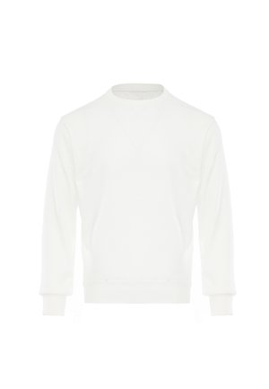 Hvid langærmet sweatshirt med rund hals, ribstrikkede manchetter og kant, vist fladt mod en hvid baggrund.