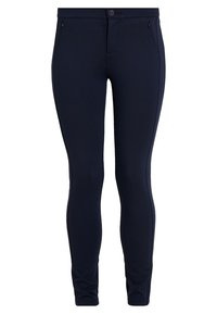 Marineblå slim-fit bukser lavet af strækbart stof med en glat tekstur, der har sidelommer med lynlås og en knaplukning.