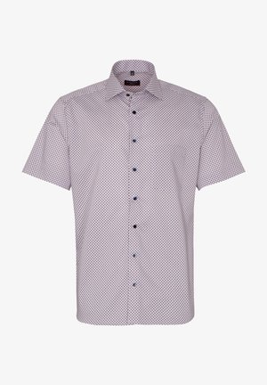 Korte mouwen wit overhemd met kleine zwarte geometrische patronen en een klassieke kraag.