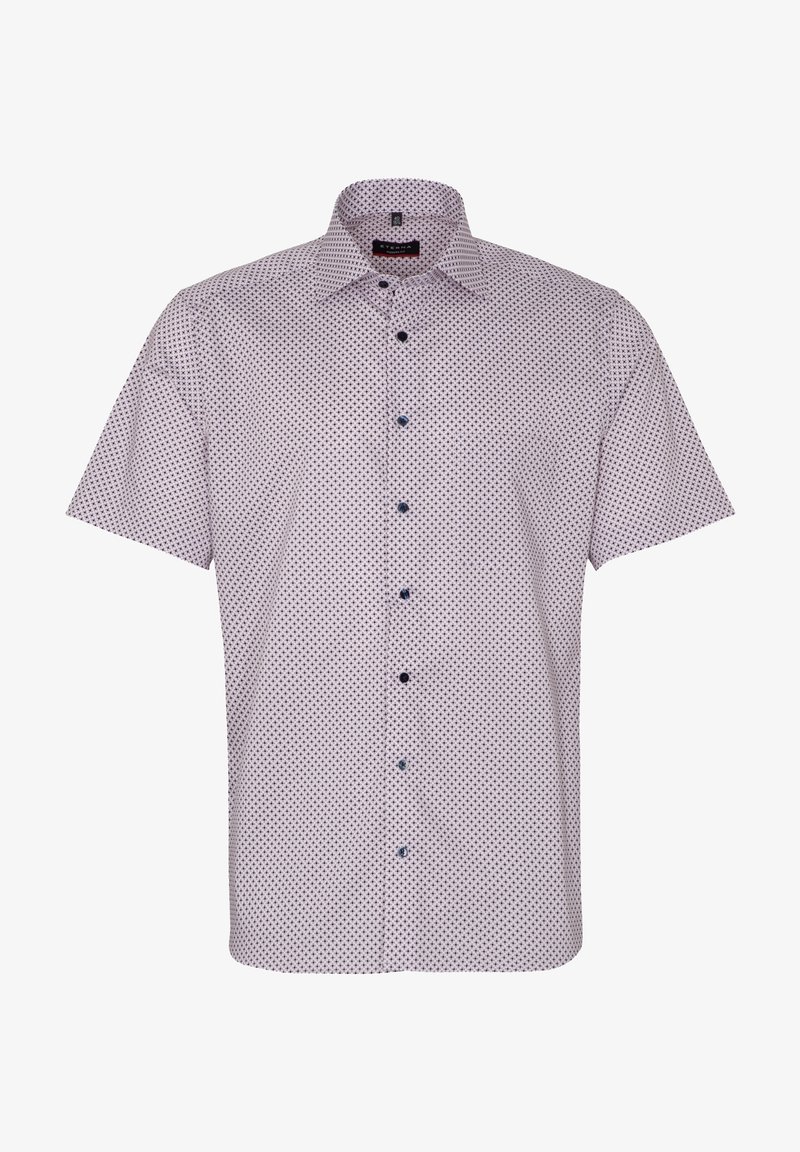 Chemise blanche à manches courtes avec petit motif géométrique noir et col classique.