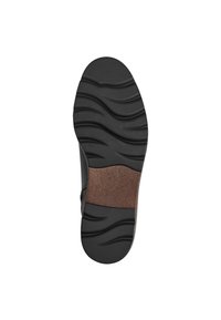 Semelle de chaussure noire avec un motif de semelle ondulé et une patch texturée marron au centre pour une meilleure adhérence. Matériau en caoutchouc durable.