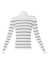 Hvidstribet turtleneck sweater med sorte vandrette striber, slim fit design, ribbet tekstur, lange ærmer og skulderknapper.