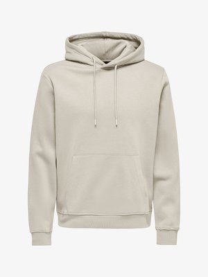 Light beige hooded sweatshirt with front kangaroo pocket and drawstring closure on the hood, long sleeves, and ribbed cuffs and hem.
