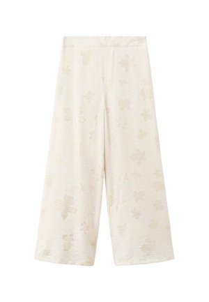 Light beige wide-leg pants with a textured floral pattern in a slightly contrasting, subtle sheen. Features an elastic waist for comfort.