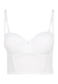 White bra with smooth cups, lace detailing at the center, and adjustable straps. Features a hook closure with a decorative bow at the front.
