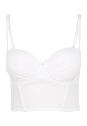 White lingerie with molded cups, sheer lace accents at the bust, adjustable straps, and a smooth, fitted bodice design.