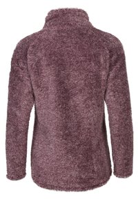 Pullover in pile viola con colletto alto, maniche lunghe e una finitura morbida e testurizzata. Il retro presenta un orlo leggermente curvo.
