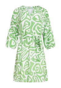Groene en witte jurk met een V-hals, driekwart mouwen en een zelf te strikken riem bij de taille. Gemaakt van lichtgewicht stof.