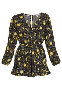 Vestido negro de manga larga con lunares blancos y patrones florales amarillos. Con escote en V, cintura ceñida y falda acampanada.