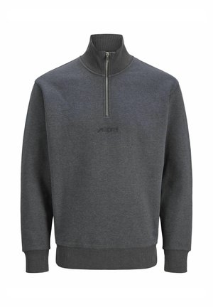 Siva zip-up jopica iz mehkega materiala z visokim ovratnikom, rebrastimi manšeti in diskretno logotipom na prsih.