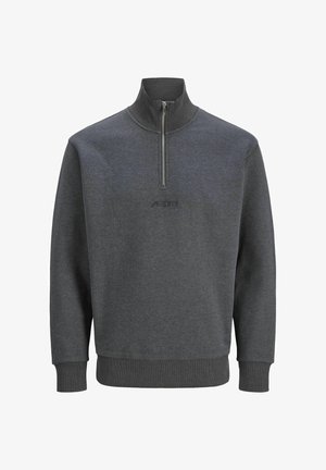 Siva zip-up jopica iz mehkega materiala z visokim ovratnikom, rebrastimi manšeti in diskretno logotipom na prsih.