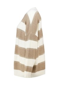 Gestreepte trui met afwisselend beige en witte kleuren, met een losse pasvorm, V-hals en een chunky breigoed textuur.