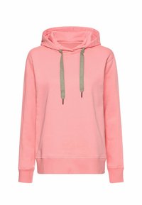 Roze hoodie met lange mouwen en grijze trekkoord, voorzien van tekstdetails, weergegeven tegen een witte achtergrond.