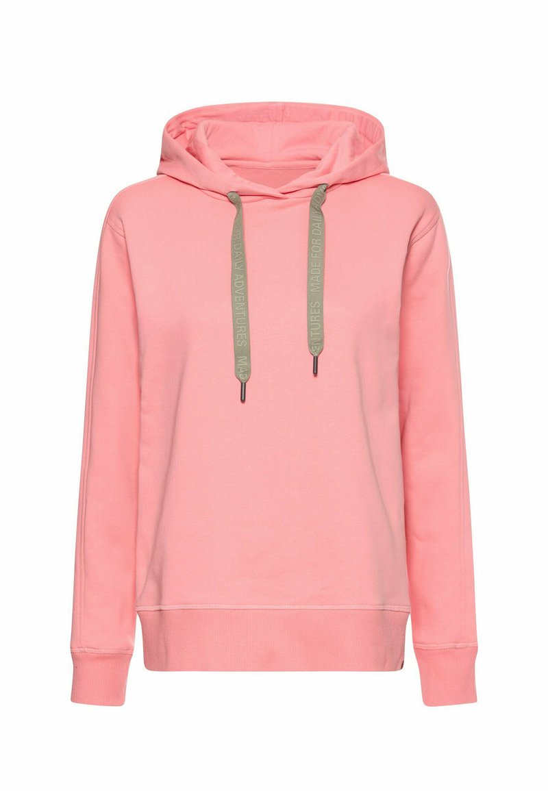 Roze hoodie met lange mouwen en grijze trekkoord, voorzien van tekstdetails, weergegeven tegen een witte achtergrond.