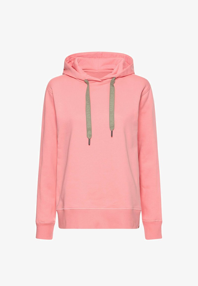 Roze hoodie met lange mouwen en grijze trekkoord, voorzien van tekstdetails, weergegeven tegen een witte achtergrond.