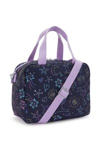 Borsa viola e blu navy con motivi a stelle e fiori. Presenta manici superiori, una tracolla regolabile e una chiusura con zip. Tessuto testurizzato.