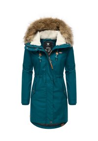 Parka w kolorze morskim z kapturem wyściełanym sztucznym futerkiem, regulowanymi sznurkami, dwoma przednimi kieszeniami i zapięciem na zamek. Miękka podszewka wewnętrzna i wodoodporna powłoka zewnętrzna.