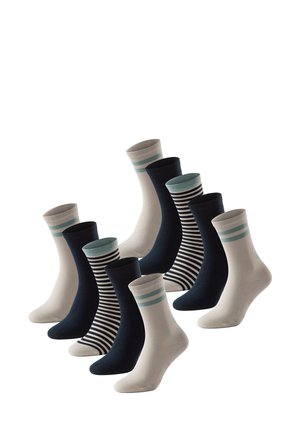 Sockset mit einfarbigem Marineblau, hellgrau und gestreiften Mustern. Die Materialien wirken weich mit kontrastierenden gerippten Bündchen.