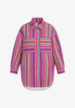 Bunt gemusterte Hemd mit Knopfleiste, gefertigt aus Stoff mit komplexen Mustern in Pink, Orange, Blau und Lila. Verfügt über zwei Vordertaschen und einen Kragen.