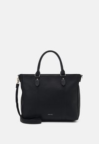 Sort læder-tote taske med to håndtag i toppen, en aftagelig skulderrem, guldfarvede hardware-detaljer og lodrette syninger.