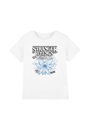 White T-shirt with "Stranger Things" text, a blue demogorgon flower illustration, a walkie-talkie, and "Hawkins" written on it.