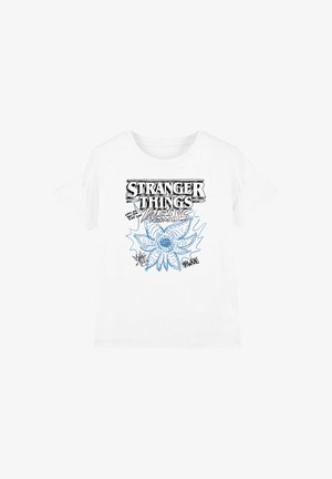 White T-shirt with "Stranger Things" text, a blue demogorgon flower illustration, a walkie-talkie, and "Hawkins" written on it.