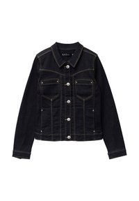 Donkerdenim jack met een klassieke snit, voorzien van twee borstzakken, zilveren hardware, gele stiksels en knoopsluiting aan de voorkant.