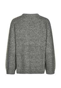 Gray knitted sweater with a round neckline, featuring textured fabric and contrasting accents along the sleeves for added detail.