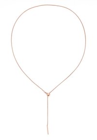 Collar lariat en oro rosa con un cierre circular y un detalle de barra colgante. Cadena de metal delgada y suave con un diseño minimalista.