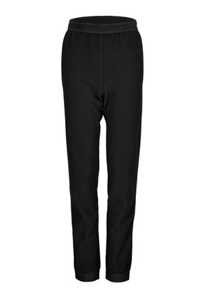 Pantaloni sportivi neri in un tessuto texturizzato, con vita elasticizzata e polsini a coste. Presentano una finitura liscia e un design affusolato.