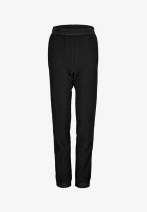 Pantalons de survêtement noirs en tissu texturé, avec une taille élastique et des poignets côtelés. Présente une finition lisse et un design fuselé.