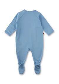 Hellesblaues Baumwollbaby-Body mit langen Raglanärmeln, geschlossenen Füßen und elastischen Bündchen. Einfaches Design ohne sichtbare Muster oder Verzierungen.