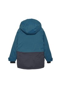 Tofarget jakke med blå øverste del og mørkegrå bunn. Materialet ser ut til å være et glatt, værbestandig stoff med hette.