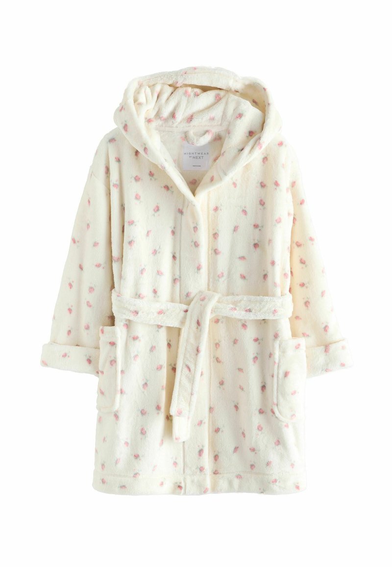 Kapturowy szlafrok z miękkiego, kremowego polaru z różowym wzorem kwiatowym, z bocznymi kieszeniami, paskiem do wiązania i podwiniętymi mankietami.