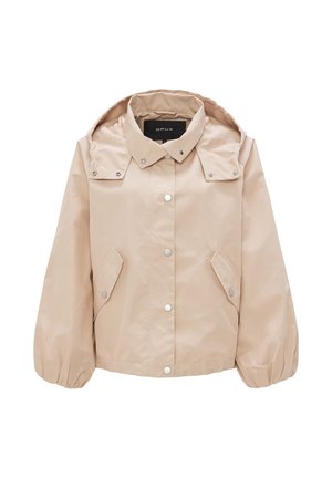 Light beige rain jacket with a hood, snap front closure, side pockets, and elasticized cuffs. Made of smooth, water-resistant material.