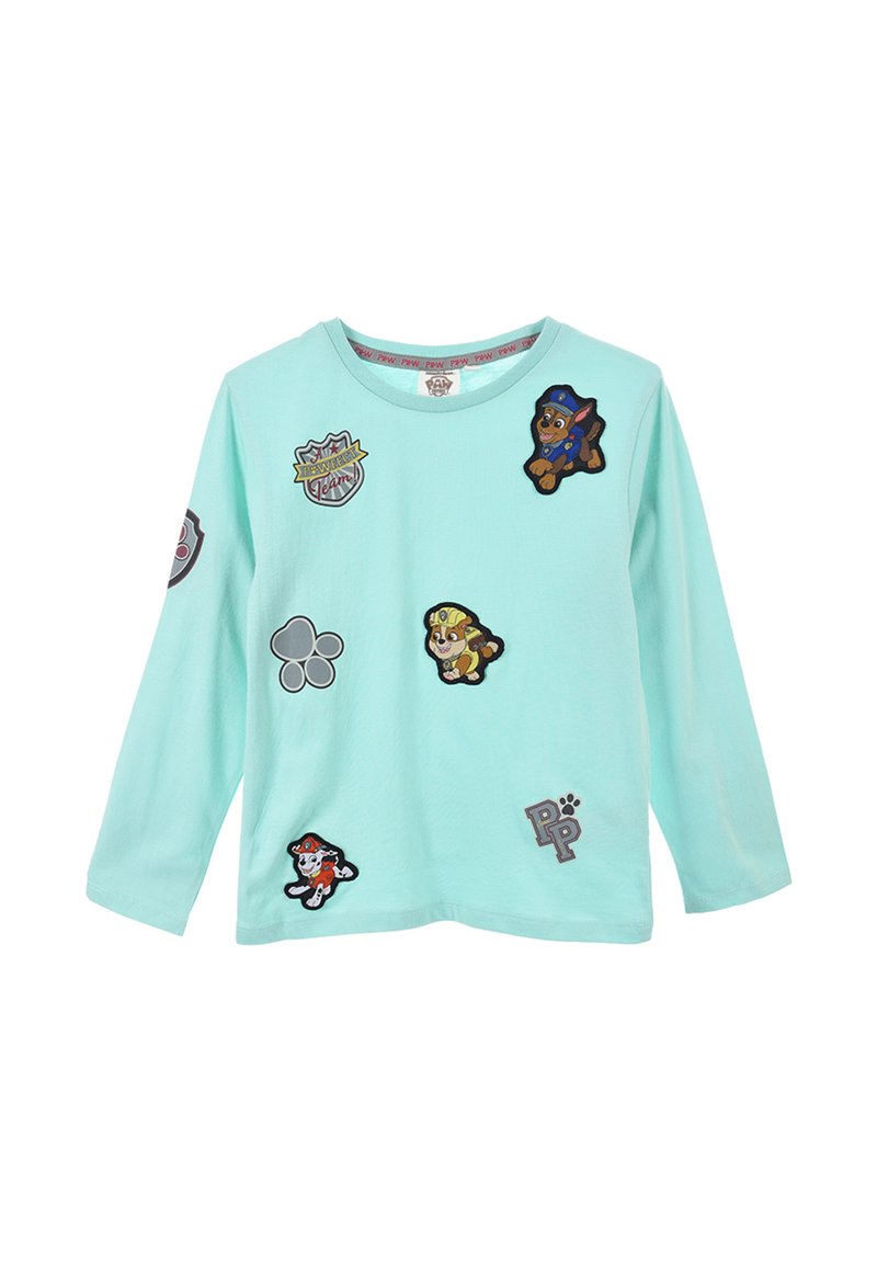 Helle mintgrüne Langarm-T-Shirt mit verschiedenen gestickten Patches, die Cartoon-Hunde, Logos und Pfotenabdrücke in kontrastierenden Farben zeigen.