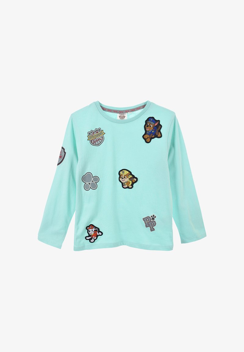 Helle mintgrüne Langarm-T-Shirt mit verschiedenen gestickten Patches, die Cartoon-Hunde, Logos und Pfotenabdrücke in kontrastierenden Farben zeigen.