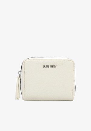 Compact white textured leather wallet with silver "SURI FREY" logo and dual zipper pull on a white background.