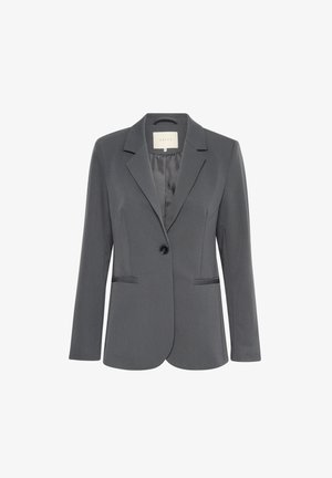 Hall gray ülikond, millel on pikad varrukad, ühe nupuga kinnitamine, kaks esimest taskut ja vahelaisid. Sile kangas koos kohandatud disainiga.