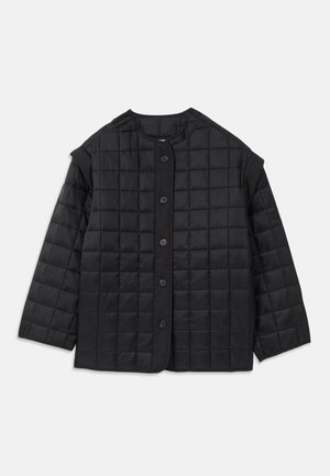 Black quilted jacket with a rounded neckline, long sleeves, and front button closure. Features square stitching and a textured fabric.