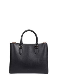 Sac à main en cuir noir avec une finition texturée, comportant deux poignées arrondies, des accents en métal et une fermeture supérieure zippée.