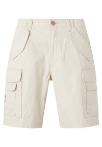 Pantaloni cargo beige in cotone, dotati di due tasche laterali e una tasca posteriore, con cuciture rinforzate e chiusura a bottone.
