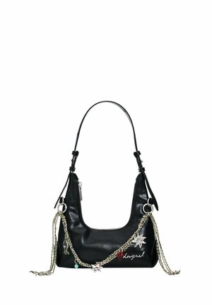 Black leather shoulder bag with silver chain and star, heart, and figure charms, featuring white embroidered cursive text on front side.